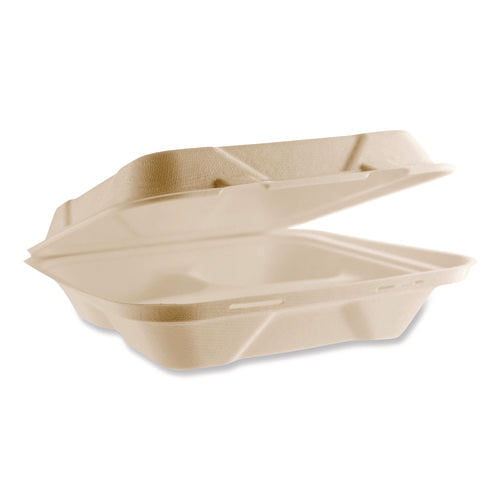 Image of Vegware Nourish Molded Fiber Takeout Containers, Compostable, 3 Compartments, 5 x 9 x 2, White, Sugarcane, 200/Carton