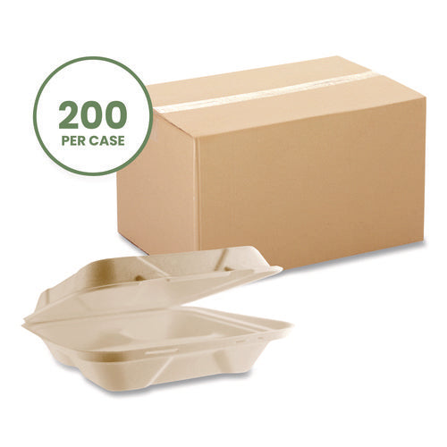 Image of Vegware Nourish Molded Fiber Takeout Containers, Compostable, 3 Compartments, 5 x 9 x 2, White, Sugarcane, 200/Carton