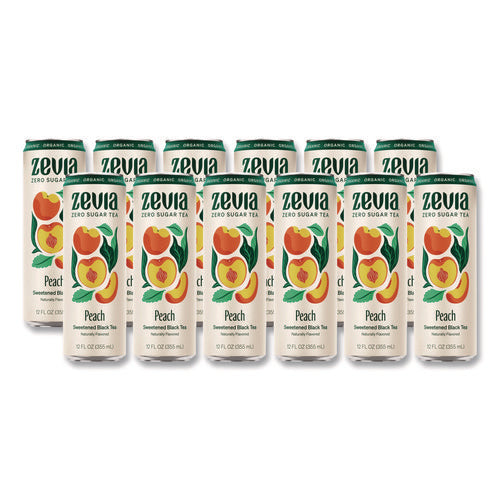 Image of Zevia® Zero Sugar Naturally Sweetened Black Tea, Peach Black Tea, 12 oz Can, 12/Carton