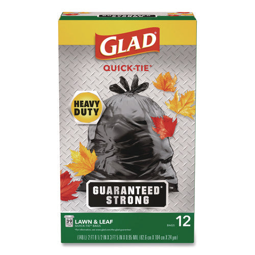 Image of Glad® Large Quick-Tie Trash Bags, Lawn and Leaf, 39 gal, 0.95 mil, 32.5 x 41, Black, 12 Bags/Box