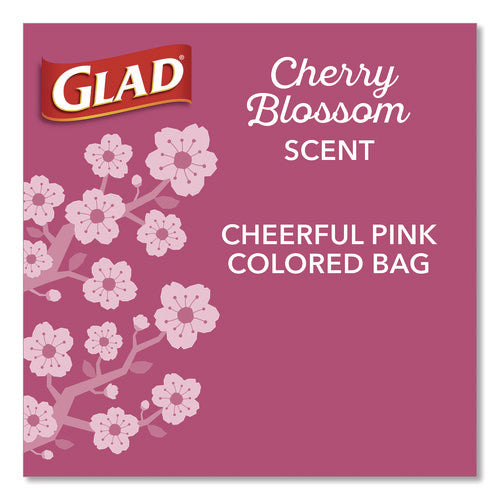 Image of Glad® OdorShield Small Drawstring Trash Bags, 4 gal, Cherry Blossom Scent, 0.5 mil, 18" x 17", Pink, 34/Box
