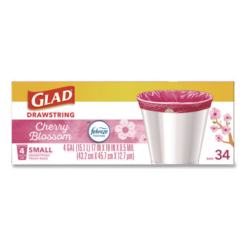 Image of Glad® OdorShield Small Drawstring Trash Bags, 4 gal, Cherry Blossom Scent, 0.5 mil, 18" x 17", Pink, 34/Box