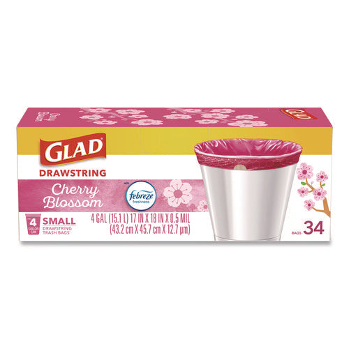 Image of Glad® OdorShield Small Drawstring Trash Bags, 4 gal, Cherry Blossom Scent, 0.5 mil, 18" x 17", Pink, 34/Box