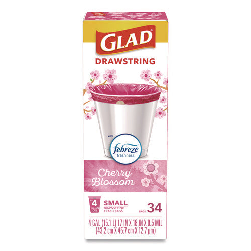 Image of Glad® OdorShield Small Drawstring Trash Bags, 4 gal, Cherry Blossom Scent, 0.5 mil, 18" x 17", Pink, 34/Box