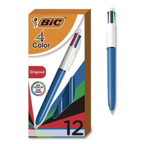 Image of BIC® 4-Color Multi-Color Ballpoint Pen, Retractable, Medium 1 mm, Black/Blue/Green/Red Ink, Blue/White Barrel, 12/Box