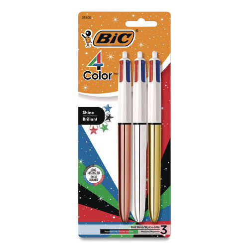 Image of BIC® 4-Color Shine Multi-Color Ballpoint Pen, Retractable, Medium 1mm, Black/Blue/Green/Red Ink, Assorted Metallic Barrels, 3/Pack