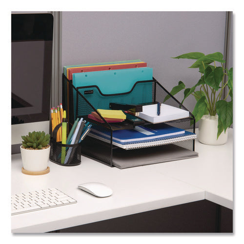 Image of Mind Reader Metal Mesh Vertical File Holder Paper Tray Desktop Organizer, 2-Tier/5-Compartment, Letter Size, 11.25 x 12.5 x 9.5, Black