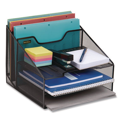 Image of Mind Reader Metal Mesh Vertical File Holder Paper Tray Desktop Organizer, 2-Tier/5-Compartment, Letter Size, 11.25 x 12.5 x 9.5, Black