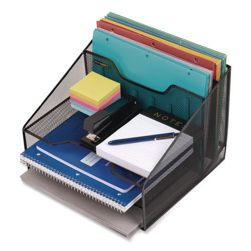 Image of Mind Reader Metal Mesh Vertical File Holder Paper Tray Desktop Organizer, 2-Tier/5-Compartment, Letter Size, 11.25 x 12.5 x 9.5, Black
