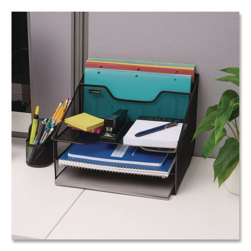 Image of Mind Reader Metal Mesh Vertical File Holder Paper Tray Desktop Organizer, 2-Tier/5-Compartment, Letter Size, 11.25 x 12.5 x 9.5, Black