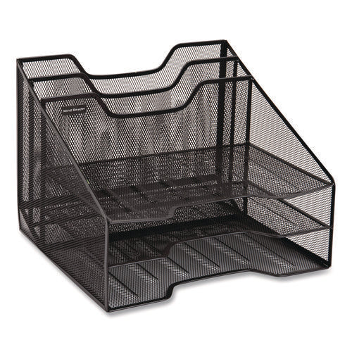 Image of Mind Reader Metal Mesh Vertical File Holder Paper Tray Desktop Organizer, 2-Tier/5-Compartment, Letter Size, 11.25 x 12.5 x 9.5, Black