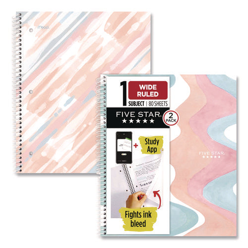 Image of Five Star® Brushy Moves Spiral Notebook, 1-Subject, Medium/College Rule, Assorted Cover Colors, (80) 11 x 8.5 Sheets, 2/Pack