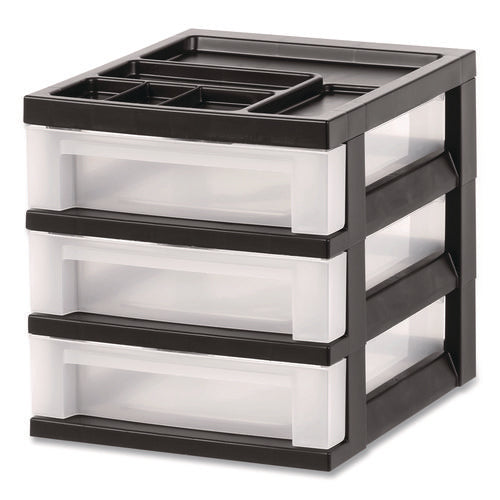 Image of IRIS 3-Drawer Desktop Storage with Top Organizer Tray, Plastic, 12.17 x 14.33 x 12.93, Black/Translucent