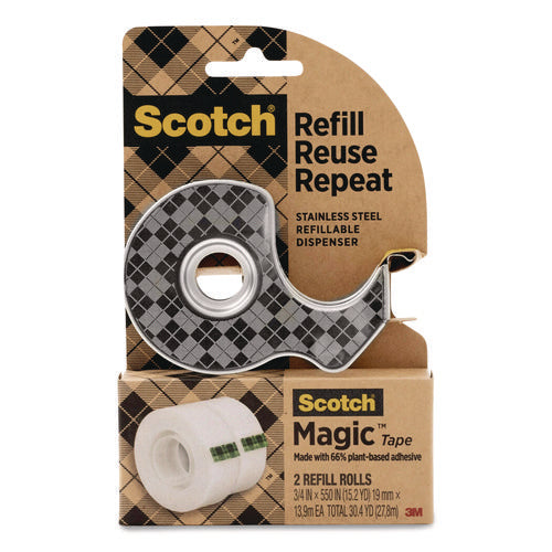 Image of Scotch® Stainless Steel Refillable Tape Dispenser with 2 Rolls 0.75" x 550" Tape