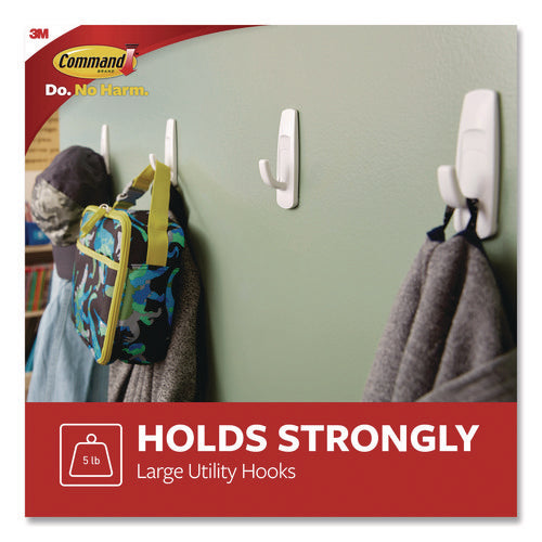 Image of Command General Purpose Hooks, Large, Plastic, White, 5 lb Capacity, 12 Hooks and 18 Strips/Pack