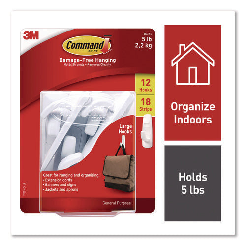 Image of Command General Purpose Hooks, Large, Plastic, White, 5 lb Capacity, 12 Hooks and 18 Strips/Pack