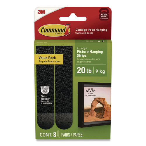 Image of Command Picture Hanging Strips, X-Large, Removable, Holds up to 20 lbs per 4 Strips, Black, 8 Pairs/Pack