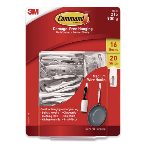 Image of Command General Purpose Wire Hooks, Medium, Metal, White, 2 lb Capacity, 16 Hooks and 20 Strips/Pack