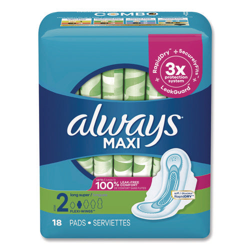 Image of Always® Maxi Long Super Daytime Pad with Wings, Size 2, Super Absorbency, 18/Pack, 8 Packs/Carton