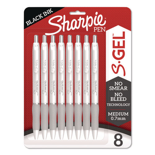 Image of Sharpie® S-Gel S-Gel Fashion Barrel Gel Pen, Retractable, Medium 0.7 mm, Black Ink, Pearl White Barrel, 8/Pack