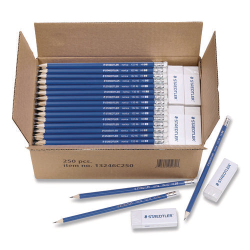 Image of Staedtler® Pre-Sharpened Wooden Pencils with (20) Block Erasers, HB #2 Black Lead, Blue Barrel, 250/Pack