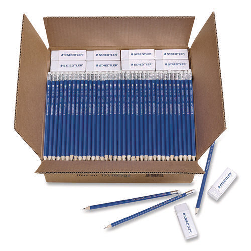 Image of Staedtler® Pre-Sharpened Wooden Pencils with (40) Block Erasers, HB #2 Black Lead, Blue Barrel, 500/Pack