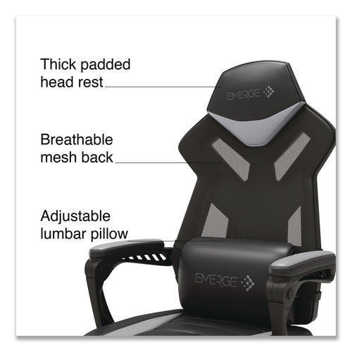 Image of Emerge Vomax Bonded Leather Gaming Chair, Supports Up to 275 lb, 18.5" to 22.2" Seat Height, Black/Gray Back/Seat, Black Base