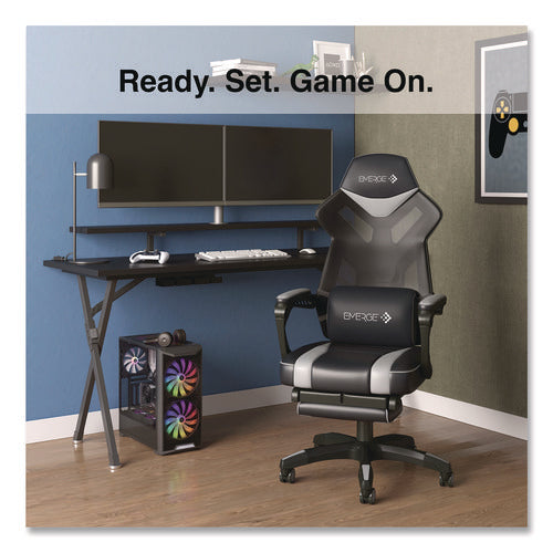 Image of Emerge Vomax Bonded Leather Gaming Chair, Supports Up to 275 lb, 18.5" to 22.2" Seat Height, Black/Gray Back/Seat, Black Base