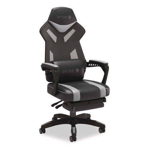 Image of Emerge Vomax Bonded Leather Gaming Chair, Supports Up to 275 lb, 18.5" to 22.2" Seat Height, Black/Gray Back/Seat, Black Base