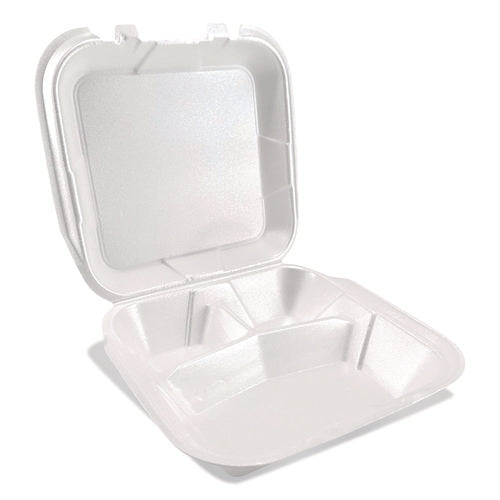 Image of Plastifar Foam Hinged Lid Containers, 3-Compartment, 9 x 10 x 3, White, Foam, 200/Carton