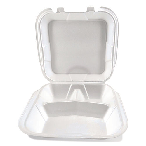 Image of Plastifar Foam Hinged Lid Containers, 3-Compartment, 9 x 10 x 3, White, Foam, 200/Carton