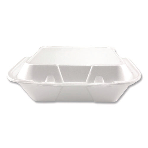 Image of Plastifar Foam Hinged Lid Containers, 3-Compartment, 9 x 10 x 3, White, Foam, 200/Carton