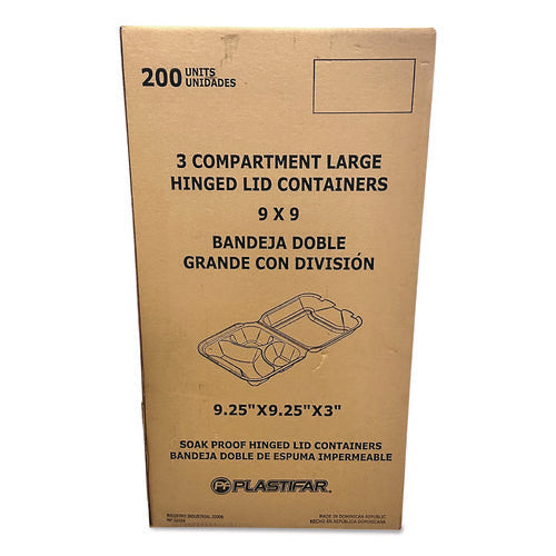 Image of Plastifar Foam Hinged Lid Containers, 3-Compartment, 9 x 10 x 3, White, Foam, 200/Carton