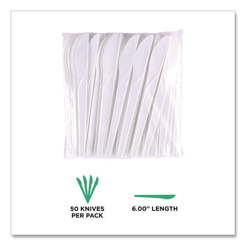 Image of Eco-Products® Plantware Compostable Cutlery, Knife, Plastic, Pearl White, 50/Pack, 20 Packs/Carton