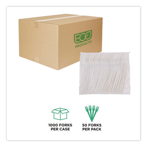 Image of Eco-Products® Plantware Compostable Cutlery, Fork, Plastic, Pearl White, 50/Pack, 20 Packs/Carton