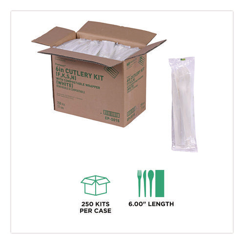 Image of Eco-Products® Plantware Compostable Cutlery Kit, Fork/Knife/Napkin/Spoon, Pearl White, 250 Kits/Carton