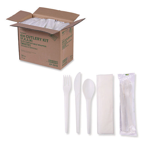 Image of Eco-Products® Plantware Compostable Cutlery Kit, Fork/Knife/Napkin/Spoon, Pearl White, 250 Kits/Carton