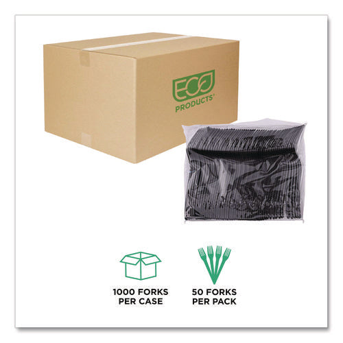 Image of Eco-Products® 100% Recycled Content Cutlery, Fork, Plastic, Black, 50/Pack, 20 Packs/Carton