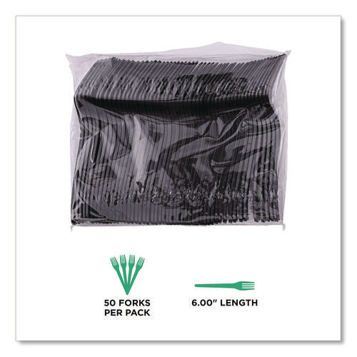 Image of Eco-Products® 100% Recycled Content Cutlery, Fork, Plastic, Black, 50/Pack, 20 Packs/Carton