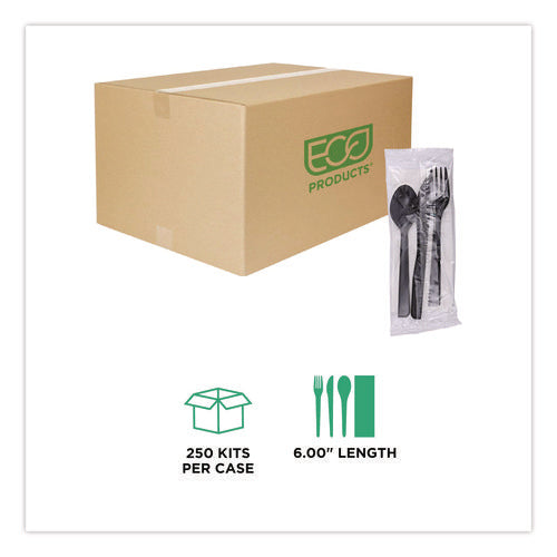 Image of Eco-Products® 100% Recycled Content Cutlery Kit, Heavyweight Fork/Knife/Soup Spoon/Spoon, Plastic, Black, 250/Carton