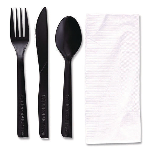 Image of Eco-Products® 100% Recycled Content Cutlery Kit, Heavyweight Fork/Knife/Soup Spoon/Spoon, Plastic, Black, 250/Carton