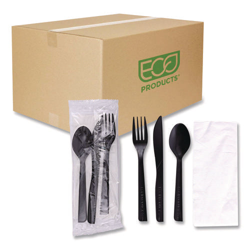 Image of Eco-Products® 100% Recycled Content Cutlery Kit, Heavyweight Fork/Knife/Soup Spoon/Spoon, Plastic, Black, 250/Carton
