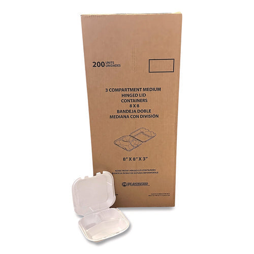 Image of Plastifar Foam Hinged Lid Containers, 3-Compartment, 8.56 x 8 x 2.76, White, Foam, 200/Carton