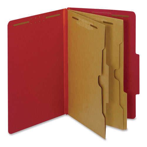 Image of Pendaflex® Colored Pressboard Top Tab Classification Folders, 2.5" Expansion, 2 Dividers, 6 Fasteners, Legal Size, Bright Red, 10/Box