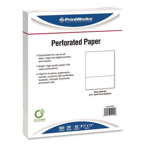 Image of PrintWorks® Professional Perforated Paper, 92 Bright, Perforated 3.66" from Bottom, 8.5 x 11, White, 500 Sheets/Ream, 5 Reams/Carton