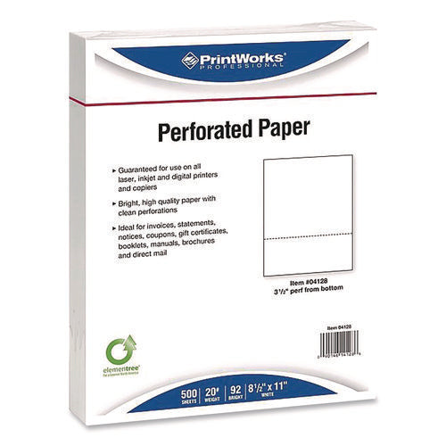 Image of PrintWorks® Professional Perforated Paper, 92 Bright, Perforated 3.5" from Bottom, 8.5 x 11, White, 500 Sheets/Ream, 5 Reams/Carton