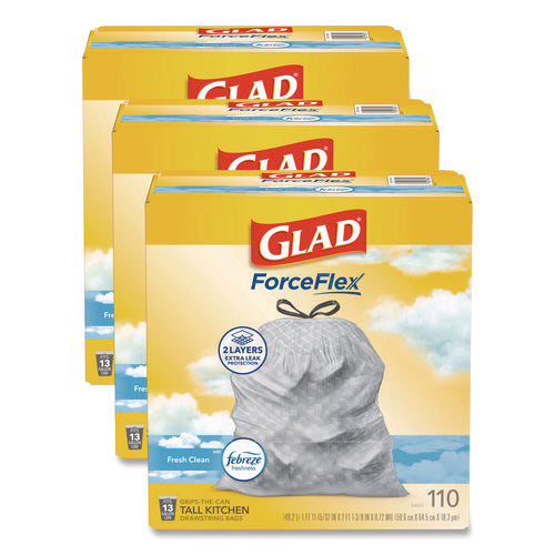Image of Glad® ForceFlex Tall Kitchen Drawstring Trash Bags, Drawstring, 13 gal, Fresh Clean Scent, 10.19 x 9.81, Gray, 110/Roll, 3/Carton