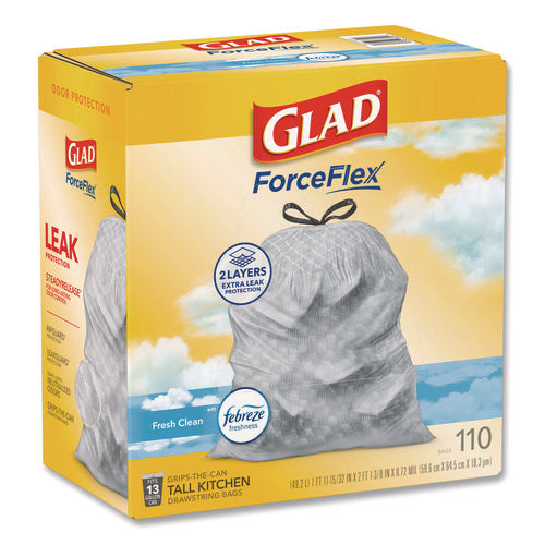Image of Glad® ForceFlex Tall Kitchen Drawstring Trash Bags, Drawstring, 13 gal, Fresh Clean Scent, 10.19 x 9.81, Gray, 110/Roll, 3/Carton