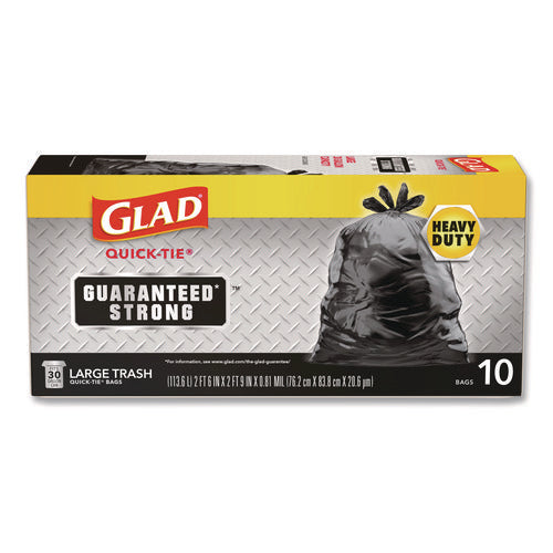 Image of Glad® Large Quick-Tie Trash Bags, Tie-Flap, 30 gal, 0.81 mil, 30 x 33, Black, 10 Bags/Box, 12 Boxes/Carton