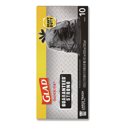 Image of Glad® Large Quick-Tie Trash Bags, Tie-Flap, 30 gal, 0.81 mil, 30 x 33, Black, 10 Bags/Box, 12 Boxes/Carton